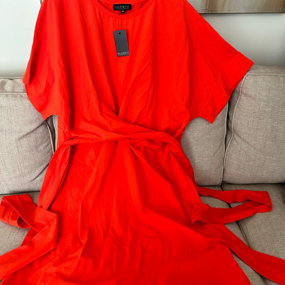 Short sleeve summer orange dress, by ELOQUII Double wrap sash belt!